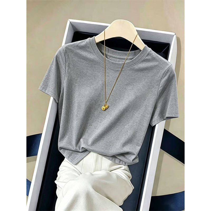 Women’s crewneck short-sleeve T-shirt in gray with draped neckline detail
