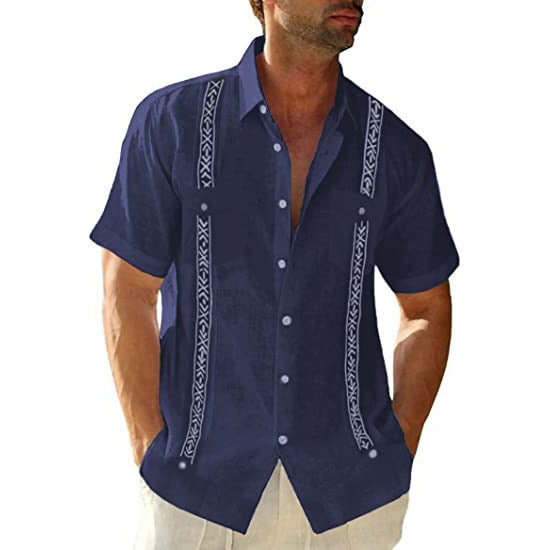 Men’s short-sleeve button-up shirt in dark navy with embroidered vertical trim at placket