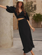 Women's Graceful And Fashionable V-neck Puff Sleeve Skirt Suit - WOMONA.COM