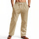 Khaki linen beach shorts, side view, drawstring waist and straight legs