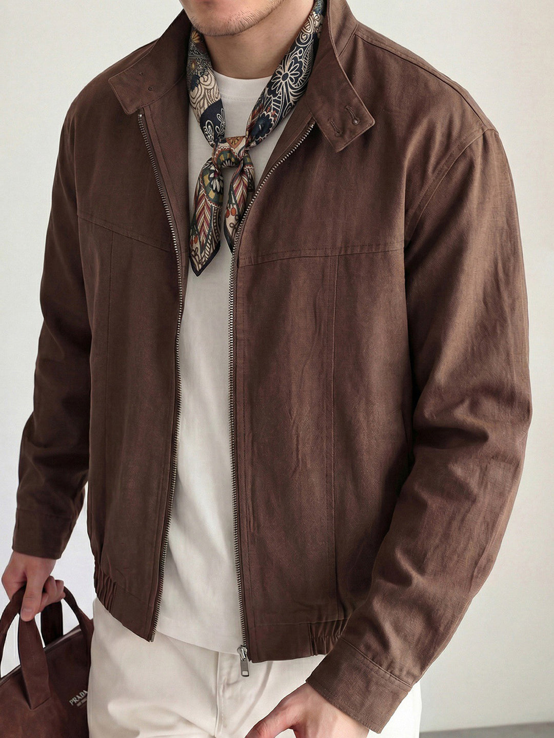 Men's loose Harrington motorcycle jacket in coffee brown with zip front and stand collar