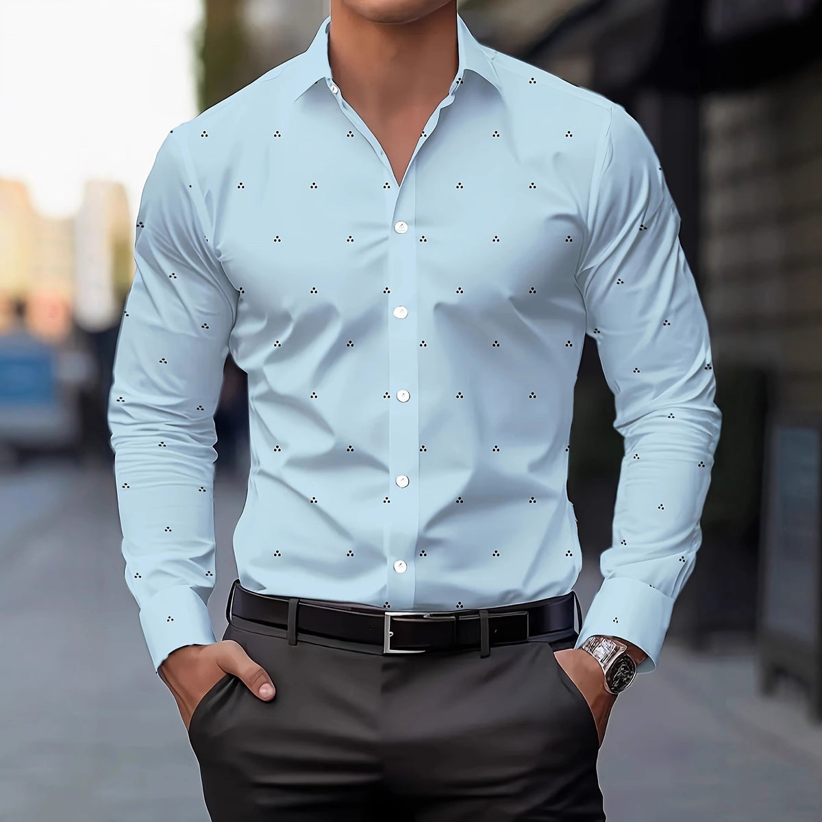 Men's light blue button-down long-sleeve shirt with small printed polka dots