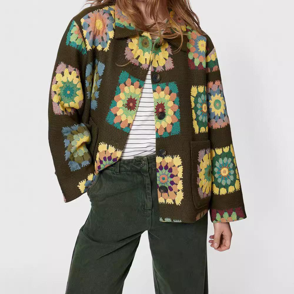 Long-sleeve lapel jacket with multicolor flower print and button front