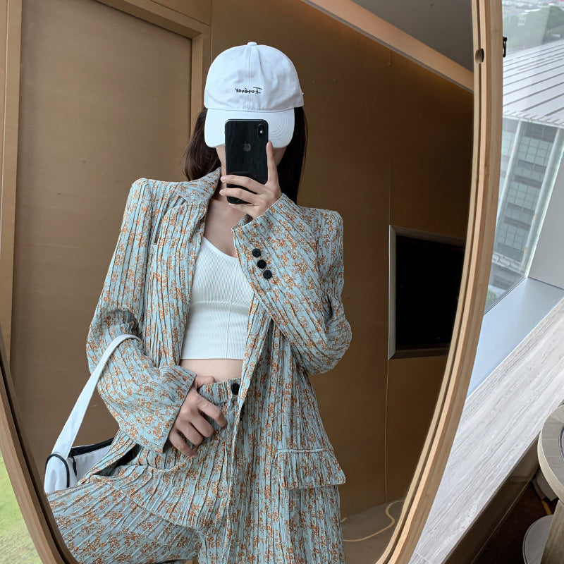 Retro Niche Design Printed Crumpled Suit Jacket - WOMONA.COM