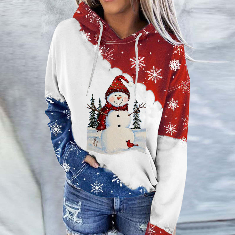 Snowman Print Crew Neck Hoodie Long Sleeve Sweatshirt - WOMONA.COM