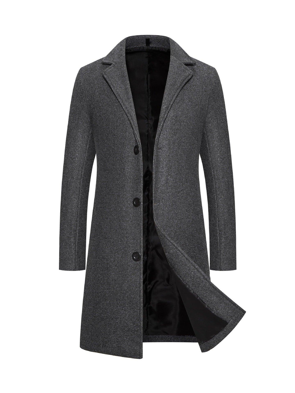 Men's mid-length slim-fit coat, dark gray with notched lapels and button front