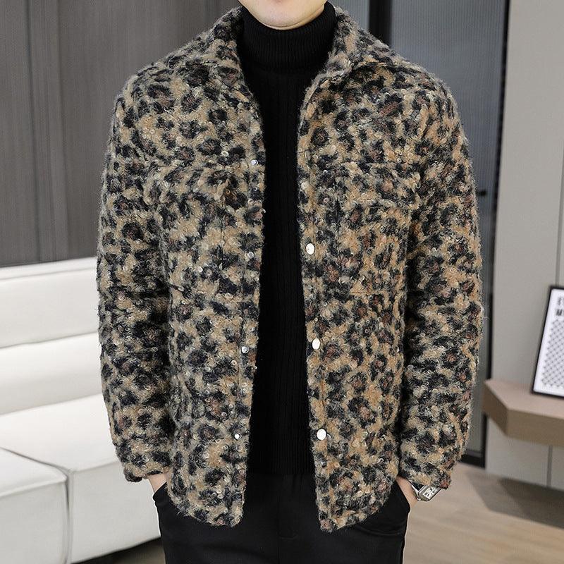 Men's leopard print fleece padded jacket with snap buttons and two front pockets