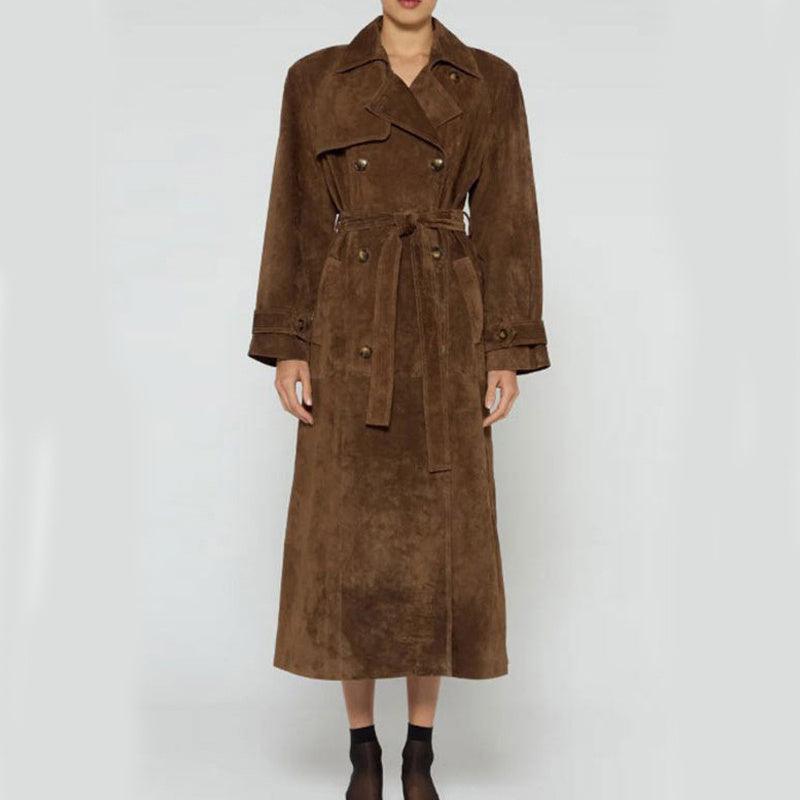 Brown double-breasted lapel coat with waist belt, full front view on plain background