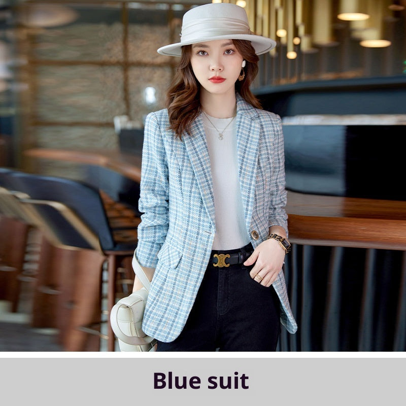Women's blue plaid long coat with button-front closure and structured lapels