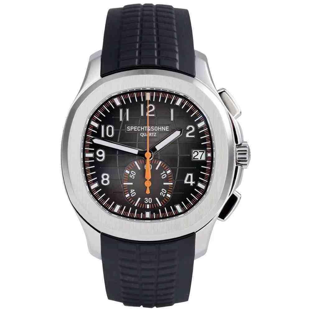 Silver analog quartz sports watch with black dial, black silicone strap, orange accents