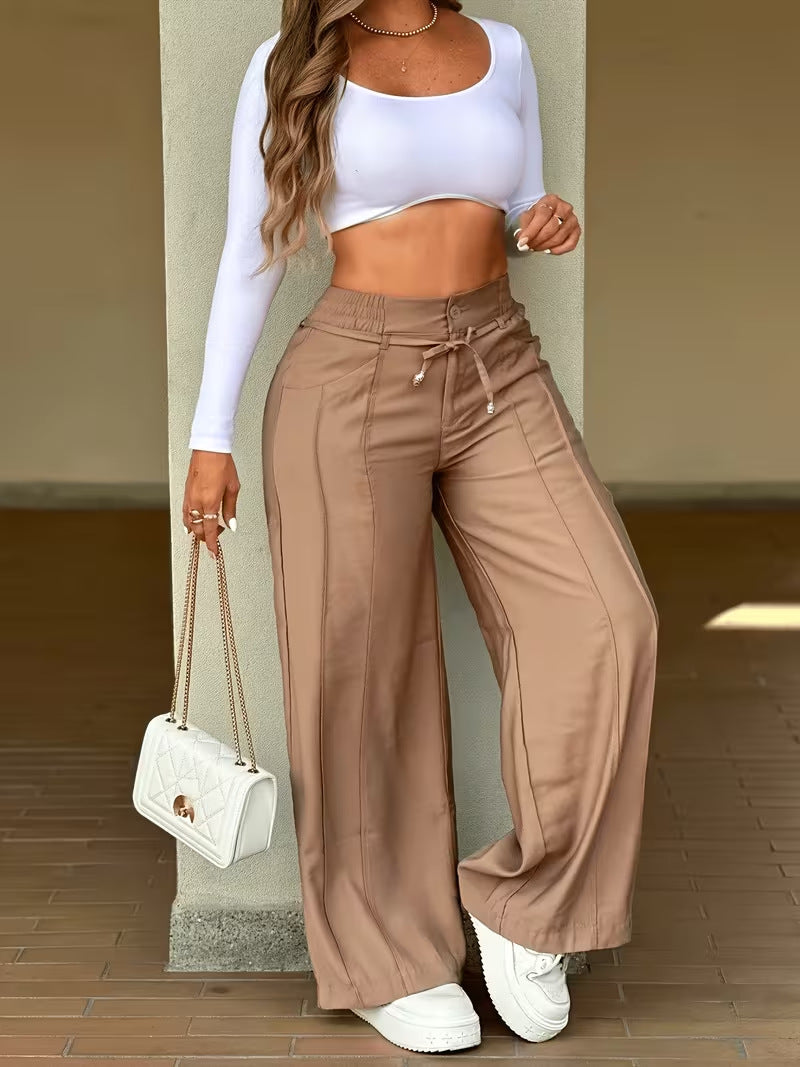 High-waist drawstring wide-leg pocket pants