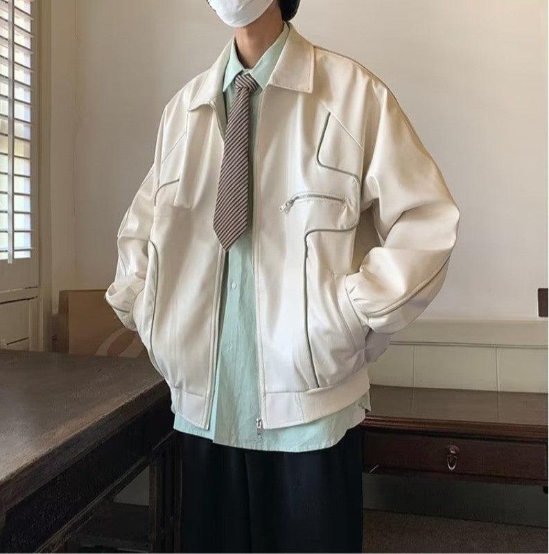 Men's Temperament Zipper Fashion Lapel Leather Coat - WOMONA.COM