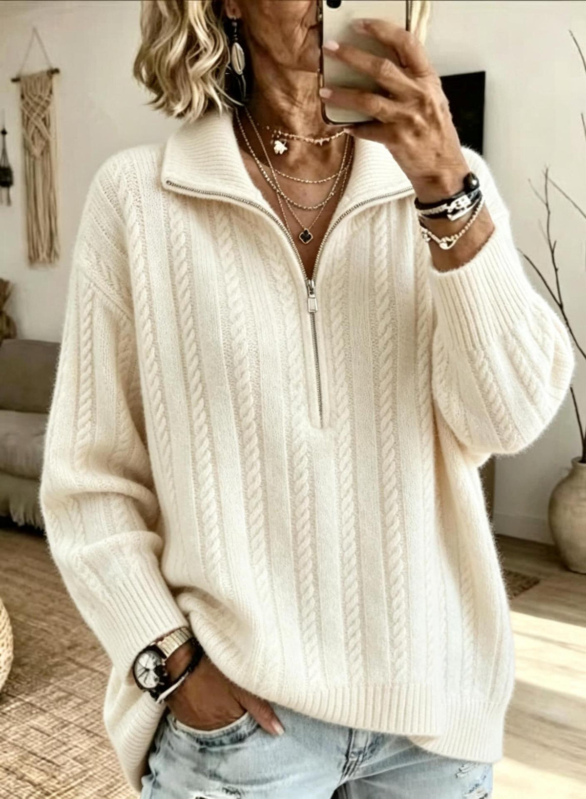 Women's Cable-Knit Half-Zip Pullover, Beige Apricot - product view 4