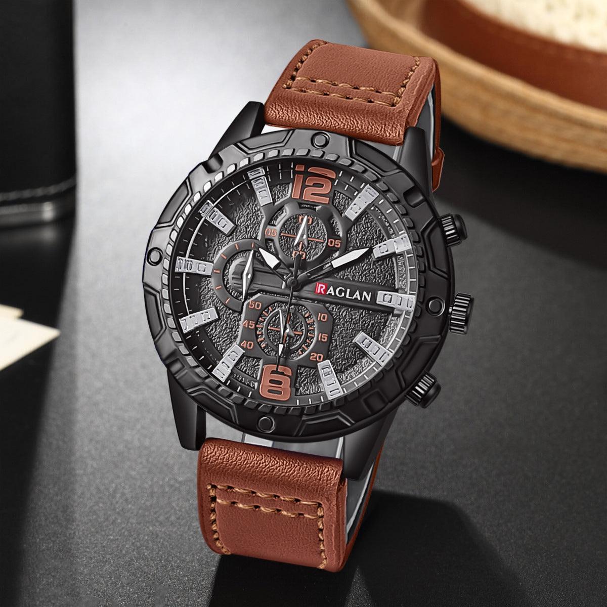 Men's quartz wristwatch, black dial and case with light brown leather strap