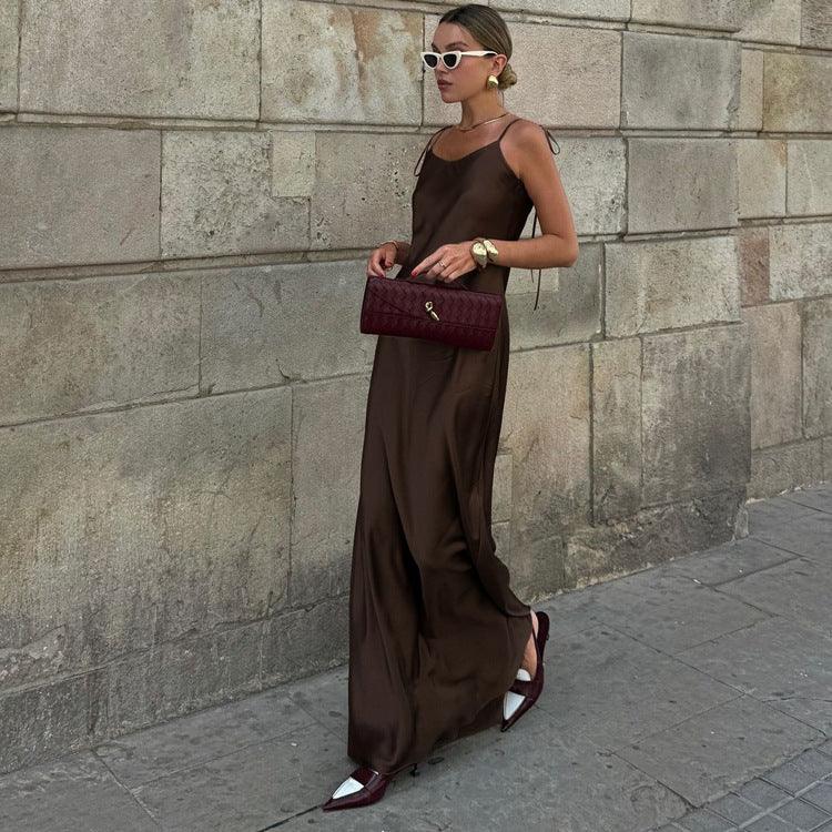 Brown satin long suspender skirt with lace-up back, draped bias silhouette