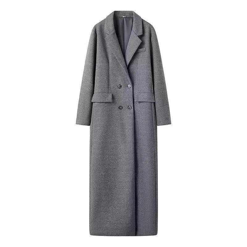 Gray long wool coat, double-breasted button front, notched lapels, and side flap pockets
