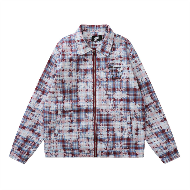 Tie-dyed Distressed Plaid Shirt Jacket Men - WOMONA.COM