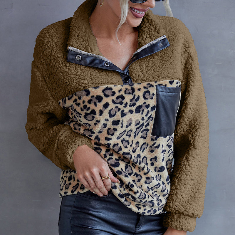 Plush Leopard Print Color Block Casual Sweater - WOMONA.COM