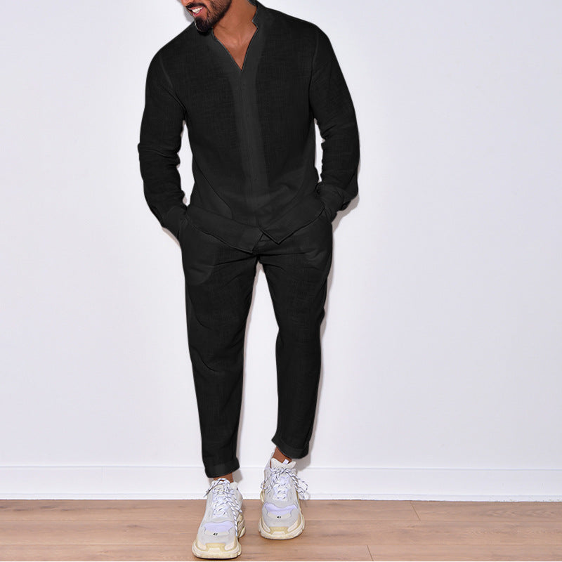 Men's linen-blend V-neck top and straight-leg pants set