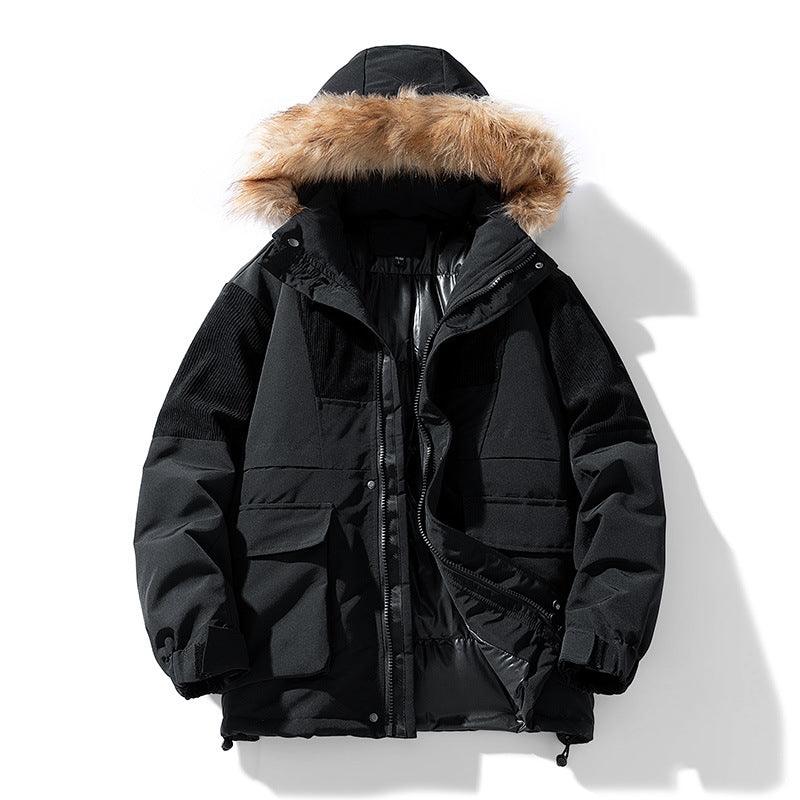Men's thick parka with faux fur hood, black, full zip front and side pockets