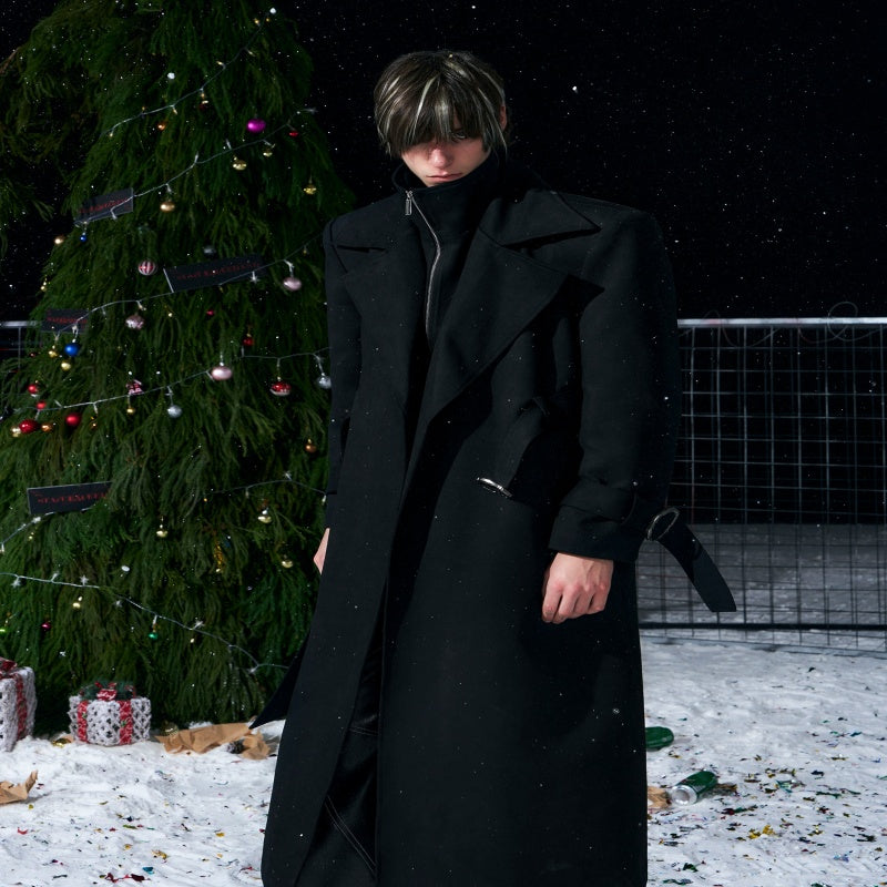 Men's black long coat with stand-up collar, quilted look, front zip closure