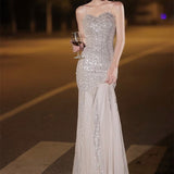 High-end Elegant Silver Sequined Fishtail Evening Dress - WOMONA.COM