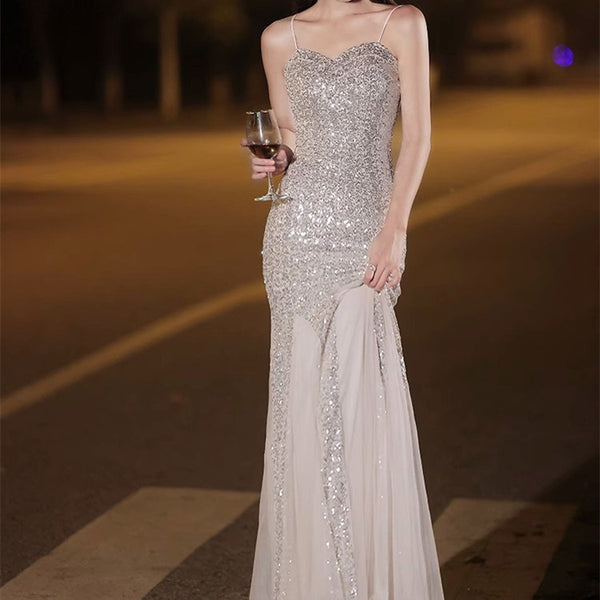 High-end Elegant Silver Sequined Fishtail Evening Dress - WOMONA.COM