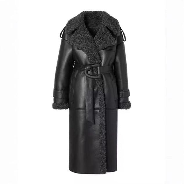 Women’s dark leather-look belted coat with long shearling trim and tie front