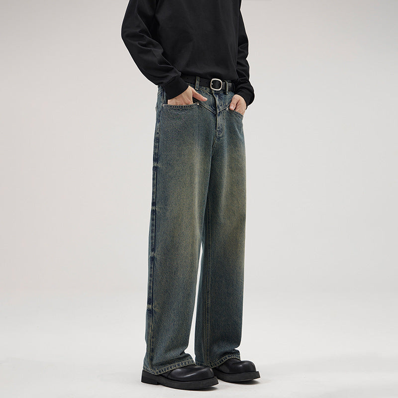 Retro Washed Decorative Flower Jeans For Men - WOMONA.COM