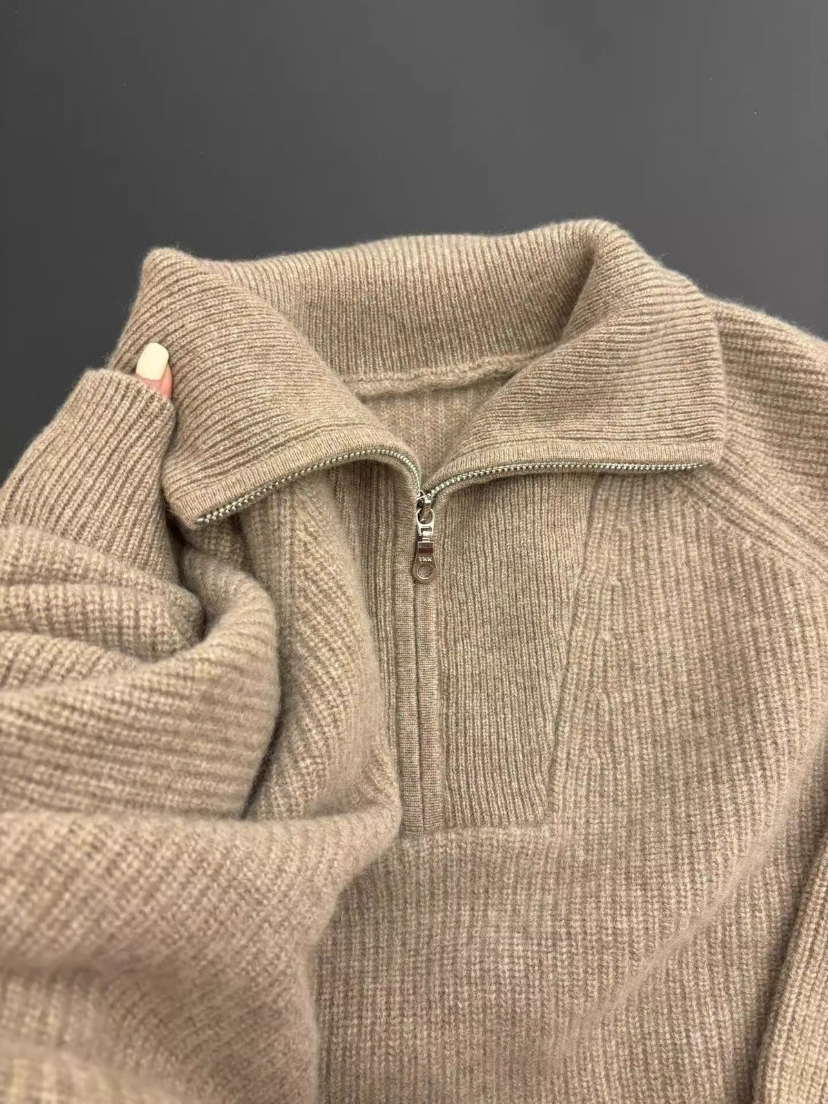 Women's Soft-Touch High-Neck Half-Zip Sweater, Camel - product view 3