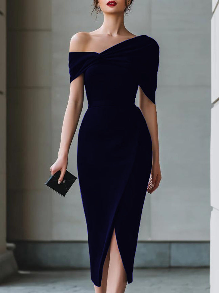 Deep blue off-shoulder asymmetrical fitted gown with twisted knot bodice and front slit