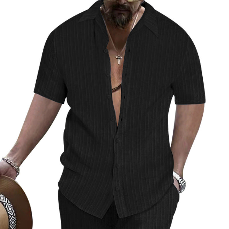 Black short-sleeve button-up shirt with vertical stripes, open collar and dark buttons