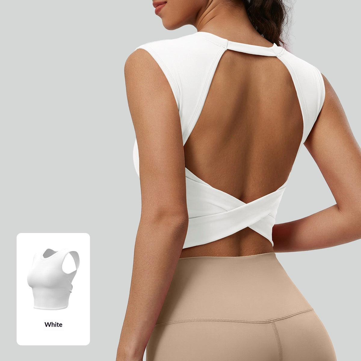 White hollow-out knotted vest top with open crisscross back and detachable padded bra