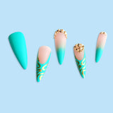 Gradient Light Green Striped Diamond Fake Nails - WOMONA.COM