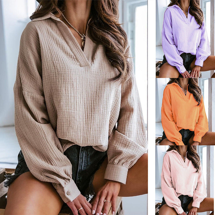 Lapel Lantern Long Sleeve Solid Color Shirt - WOMONA.COM