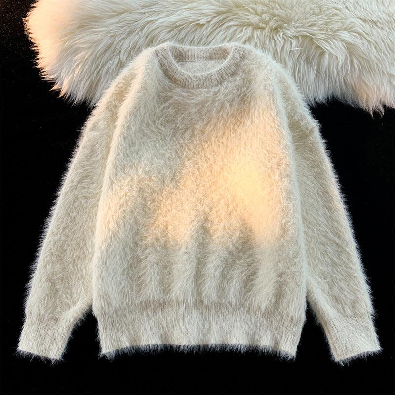 Fluffy fuzzy knit pullover sweater with round crew neck, long sleeves, apricot ombre front