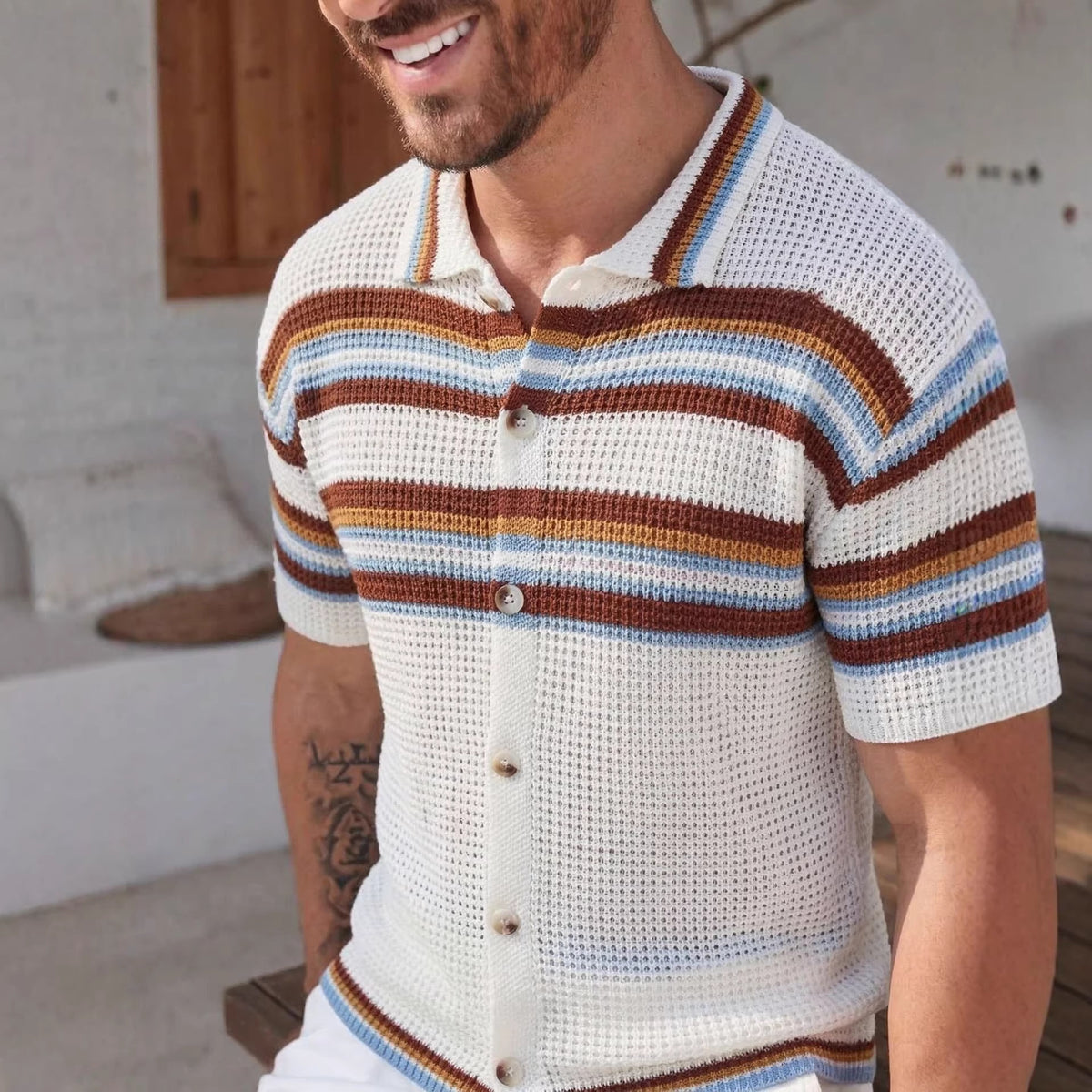 Men's retro striped polo shirt, close front view, hollow-knit texture, wood-look buttons