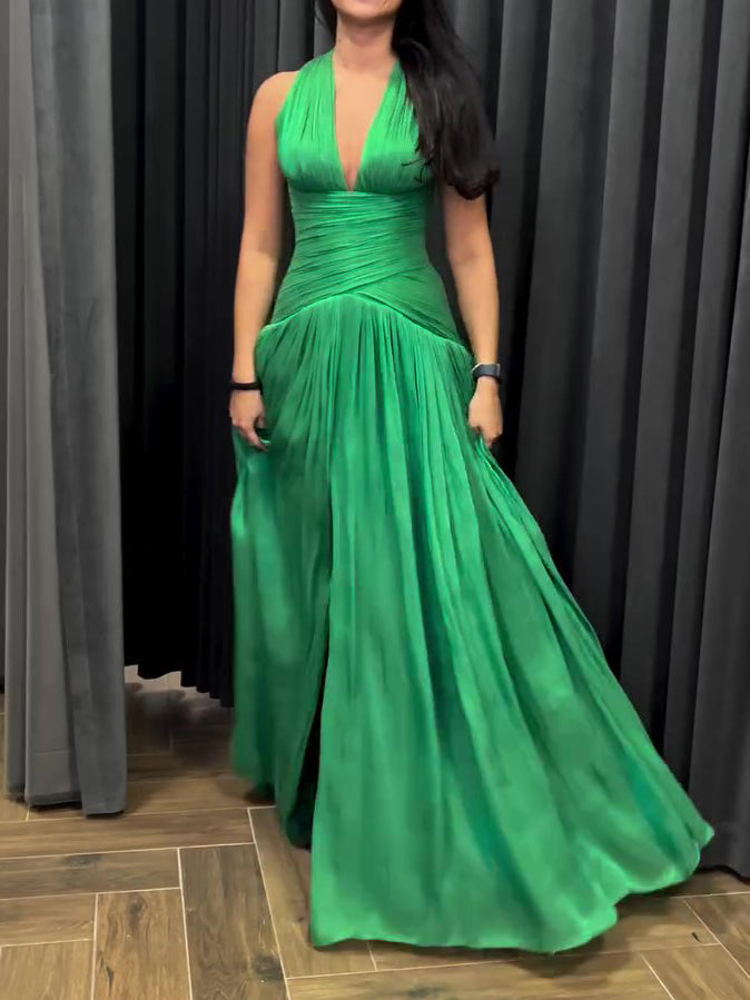 Emerald Green Pleated Plunge-Neck Maxi Gown – product image 5