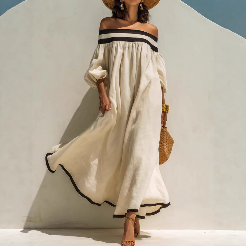 Off-shoulder cotton-linen maxi dress in oatmeal with black trim and puff sleeves