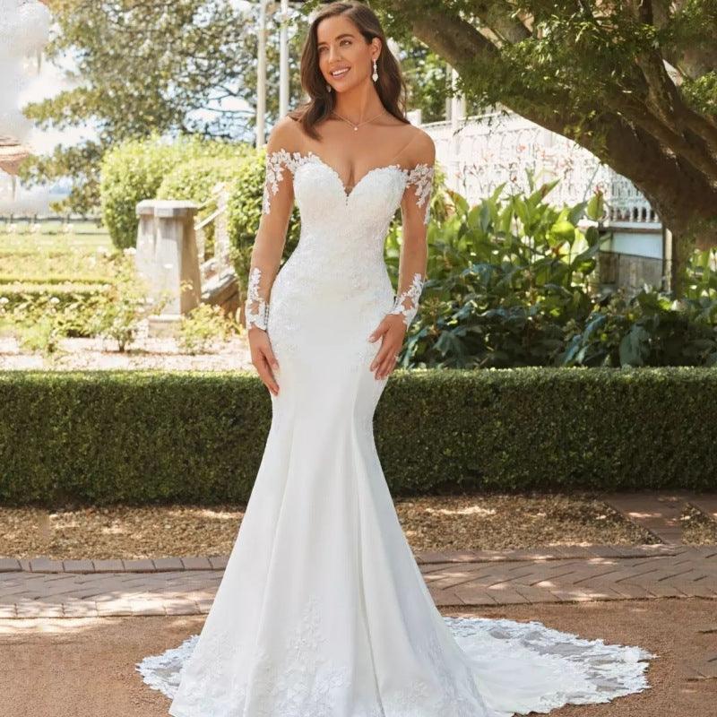 Long Sleeve Backless Lace Fishtail Wedding Dress - WOMONA.COM