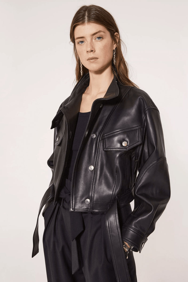 Soft Waxy Wool Kid Leather Belted Denim Jacket - WOMONA.COM