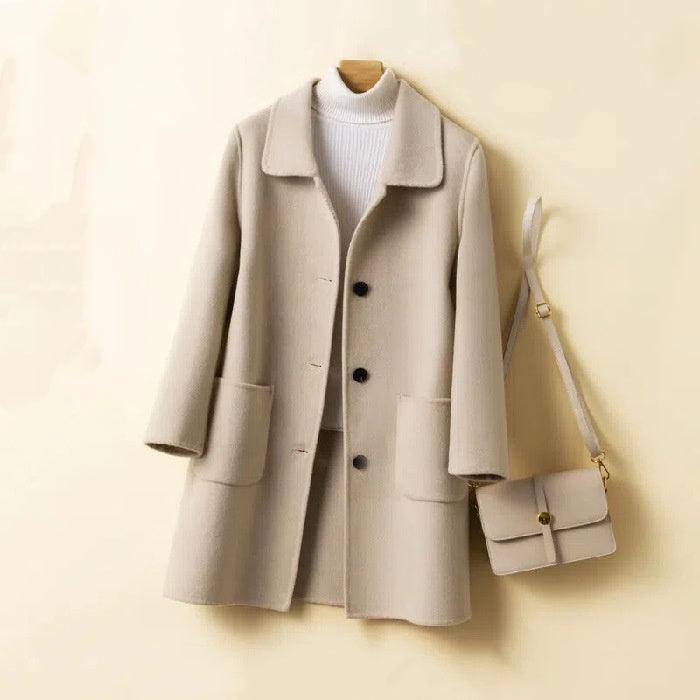 Apricot double-breasted wool cashmere coat with notch collar and side pockets