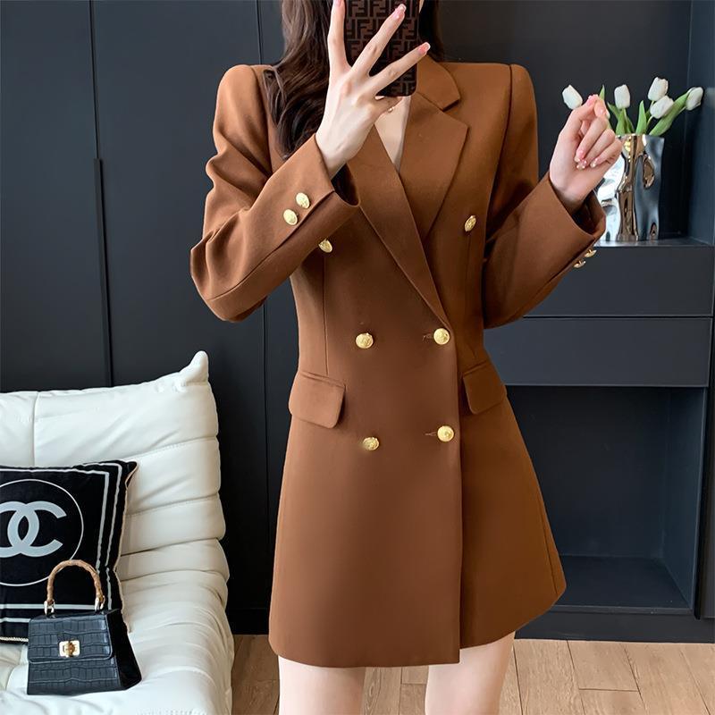 Brown long double-breasted coat with gold buttons and blazer-style pockets
