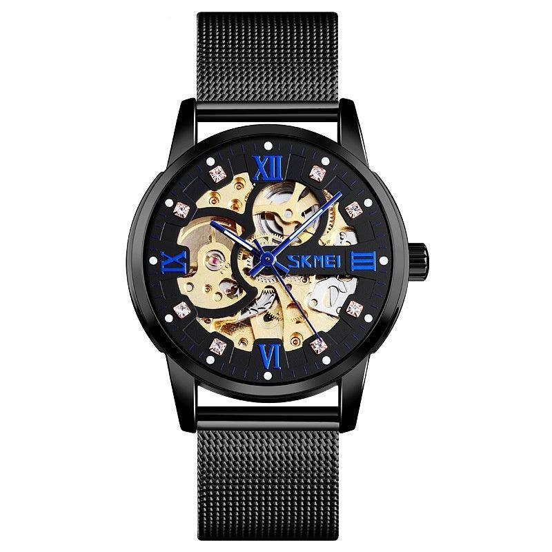 Men's mechanical skeleton watch with black dial, Roman numerals, black mesh strap