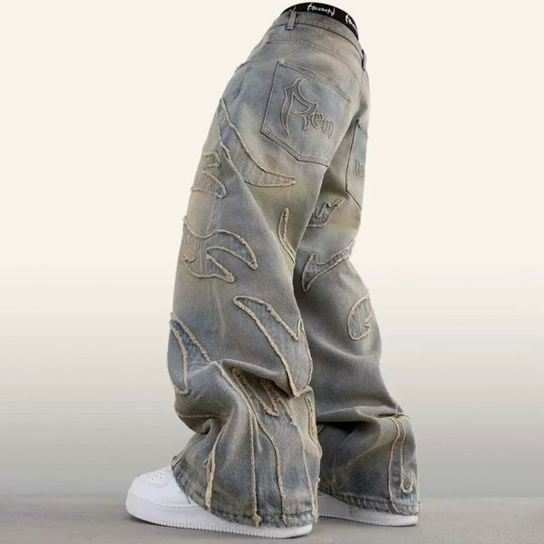 Loose Straight-leg Wide-leg Pants Mud Dyed Ripped Jeans For Men