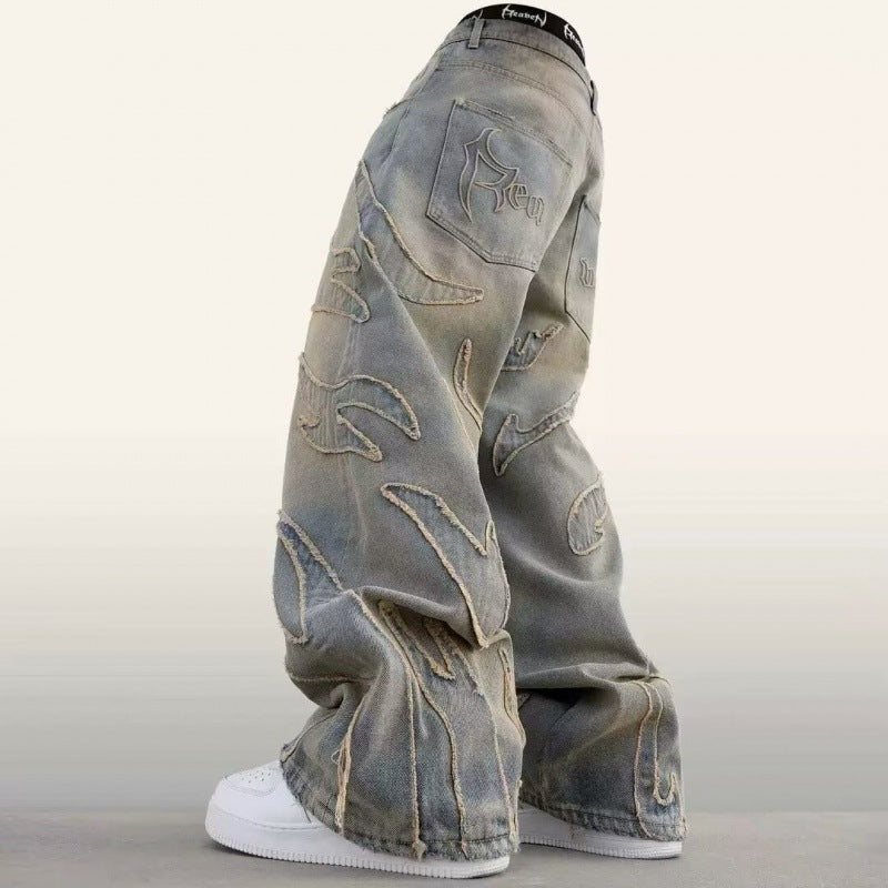 Loose Straight-leg Wide-leg Pants Mud Dyed Ripped Jeans For Men - WOMONA.COM