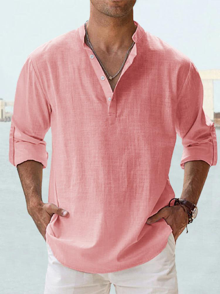 Men's linen collar long-sleeve t-shirt, pale pink with buttoned V-neck