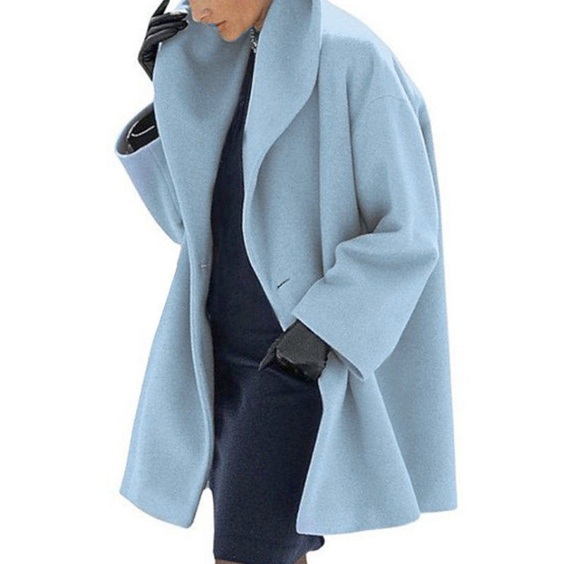 Plus-size button-front coat in light blue, notched lapel, long sleeves