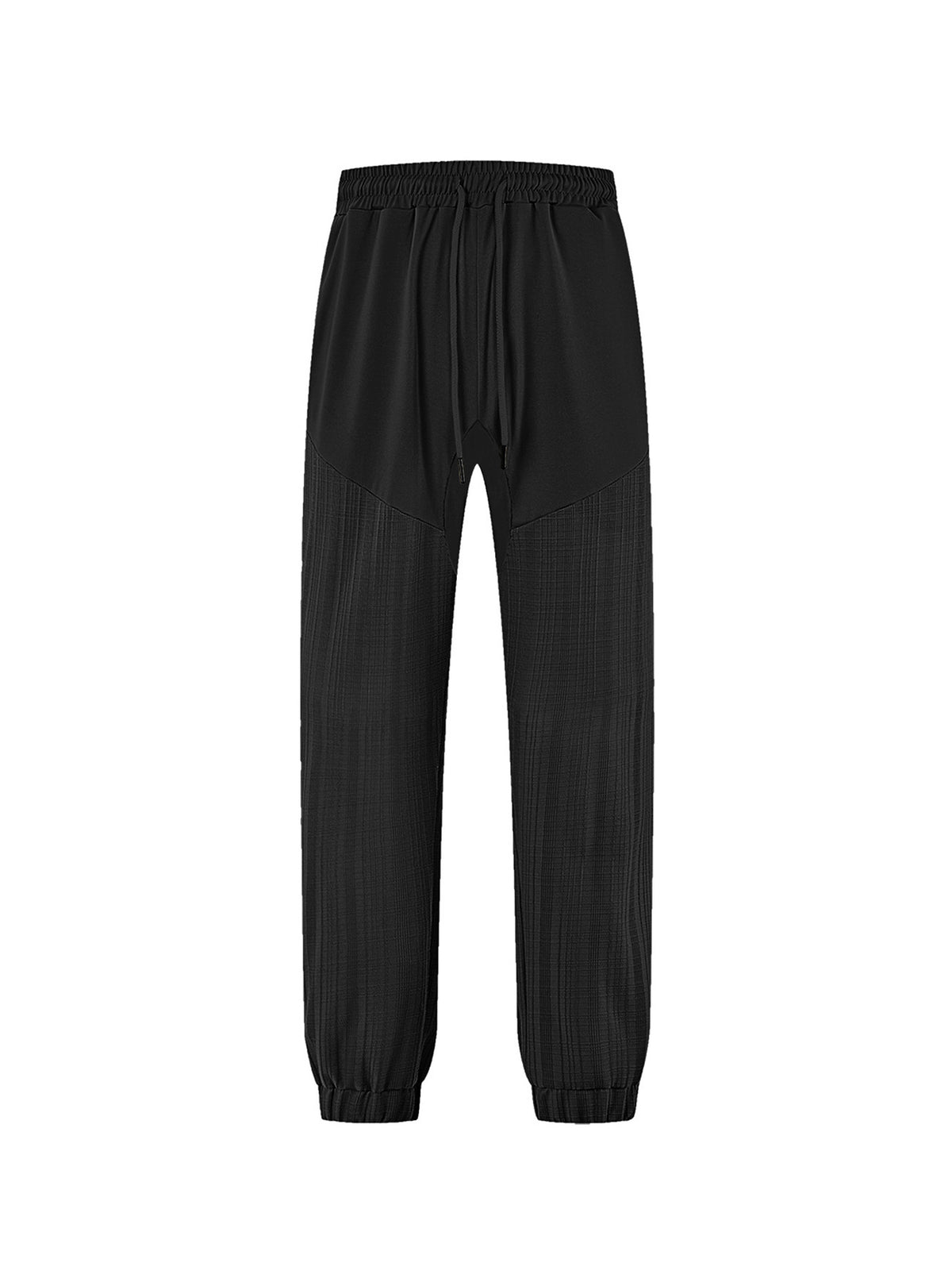 Black jogger sweatpants with elastic waist and drawstring; tapered ankle cuffs