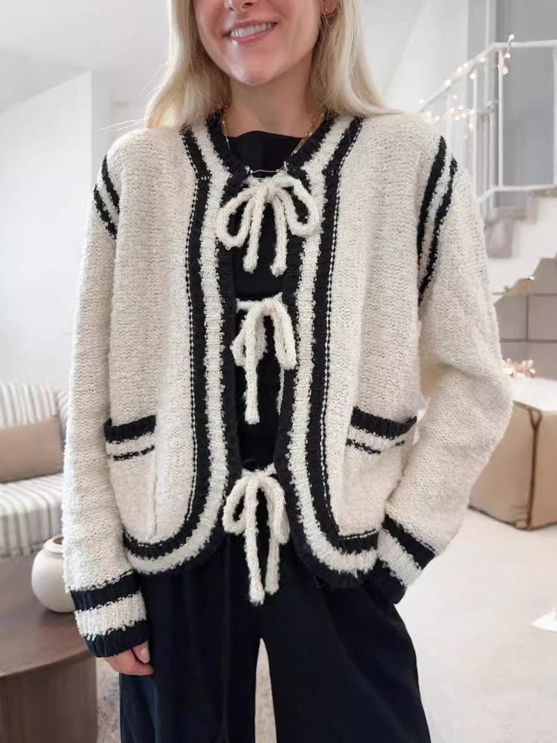 Knitted Lace-up Pocket Sweater Coat